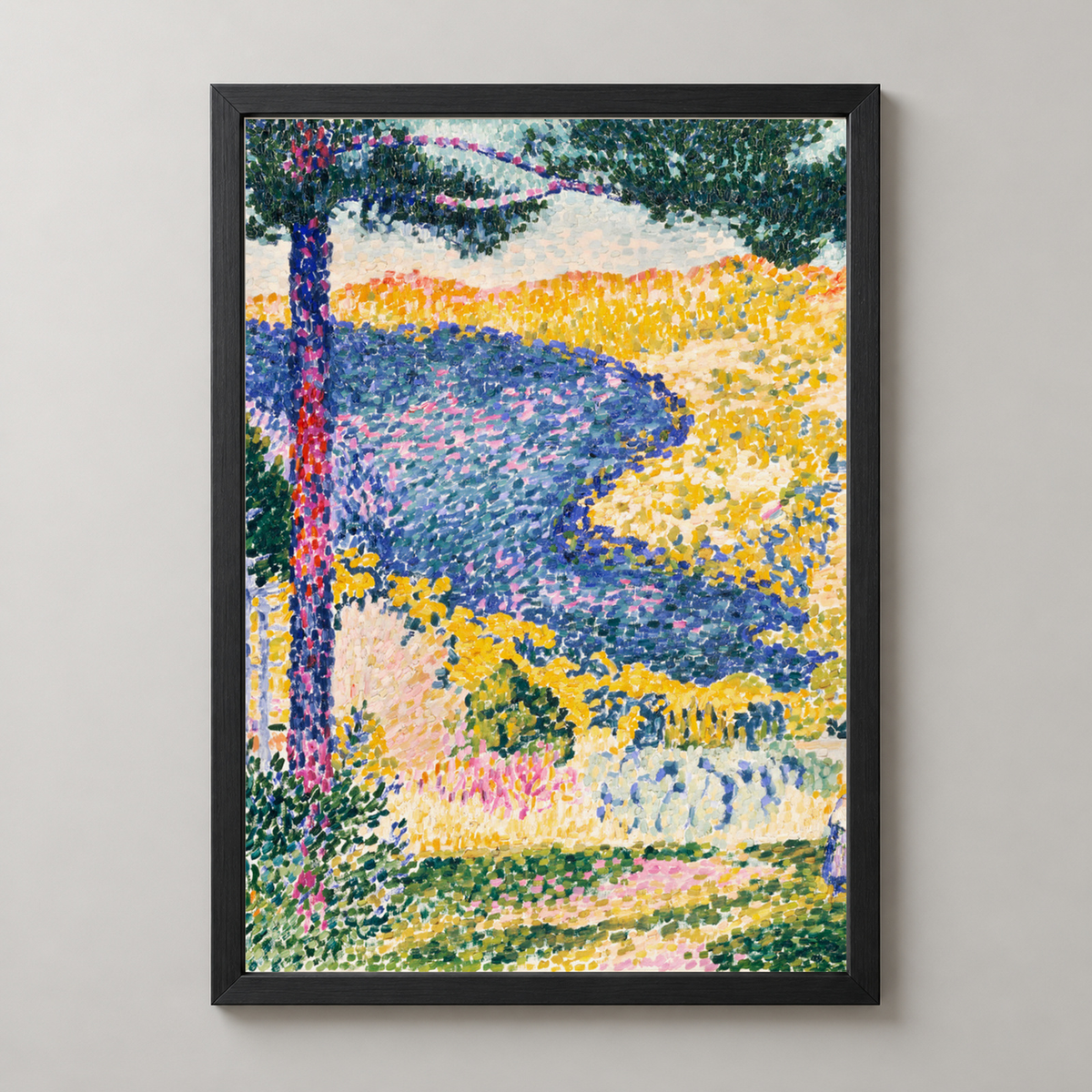Paul Signac's Landscape with Pine Tree - Iconic Pointillist Art Print — realistic black frame studio view