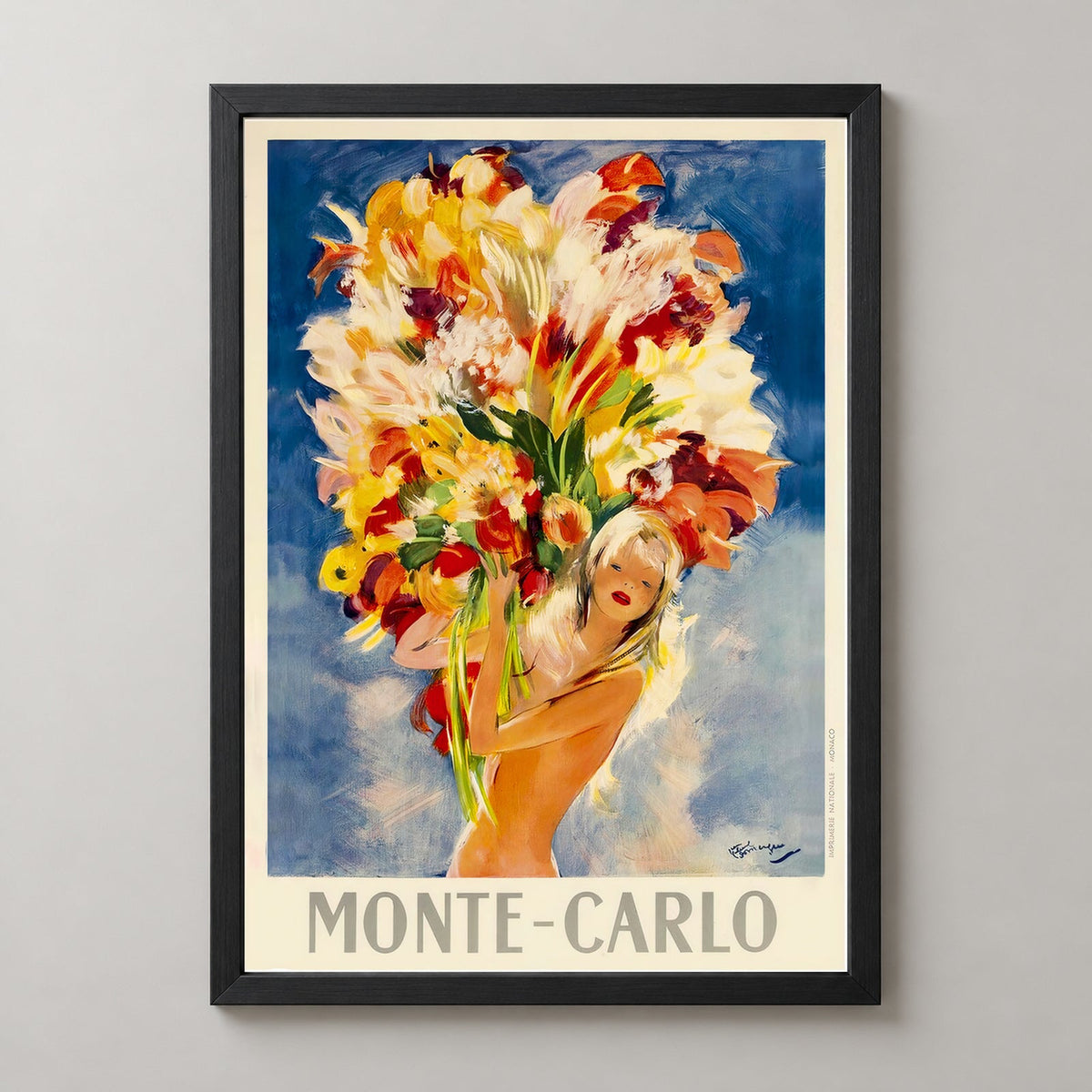 Monte Carlo Bouquet of Flowers Vintage Travel Poster — realistic black frame studio view