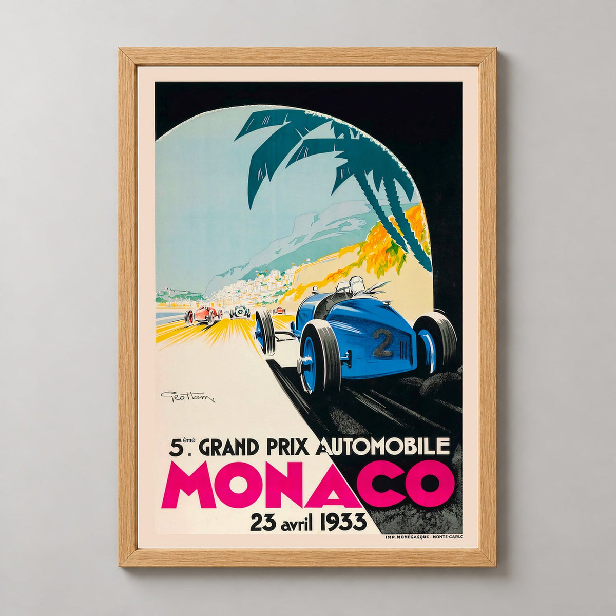 Monaco Grand Prix 1933 Vintage Racing Poster  - Framed/Unframed — realistic natural wood frame studio view