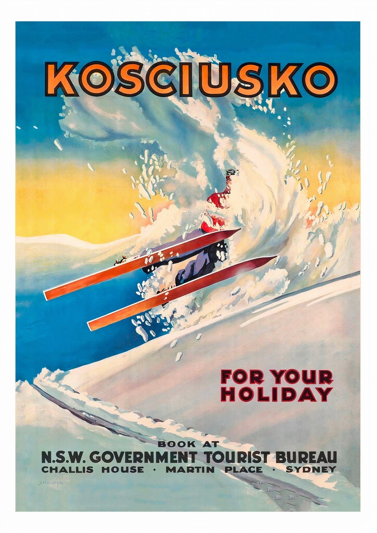 Mount Kosciuszko New South Wales Australia Vintage Ski Poster — poster only, complete unframed artwork
