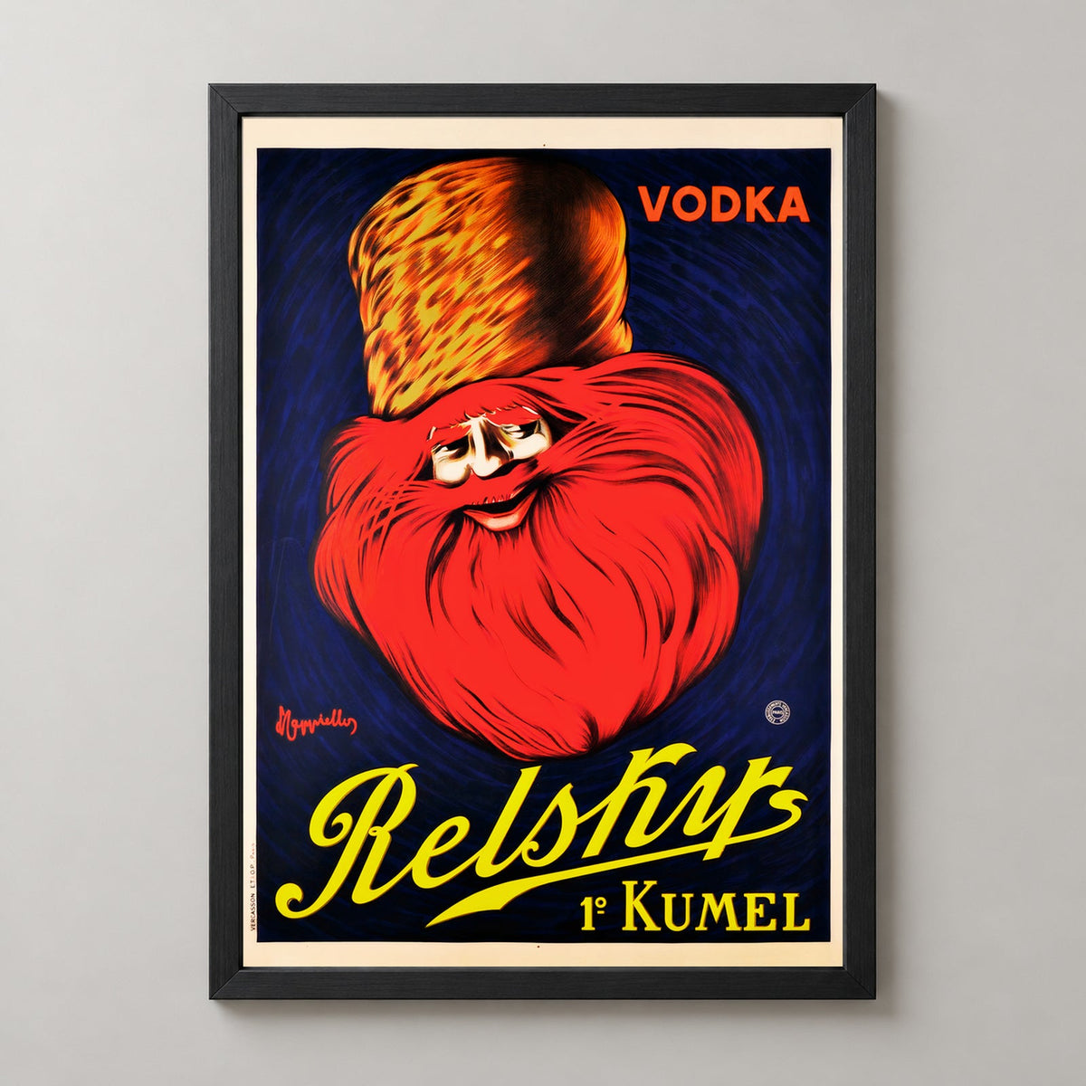 Vodka Relshirs Kumel Vintage Alcohol Advertising Poster — realistic black frame studio view