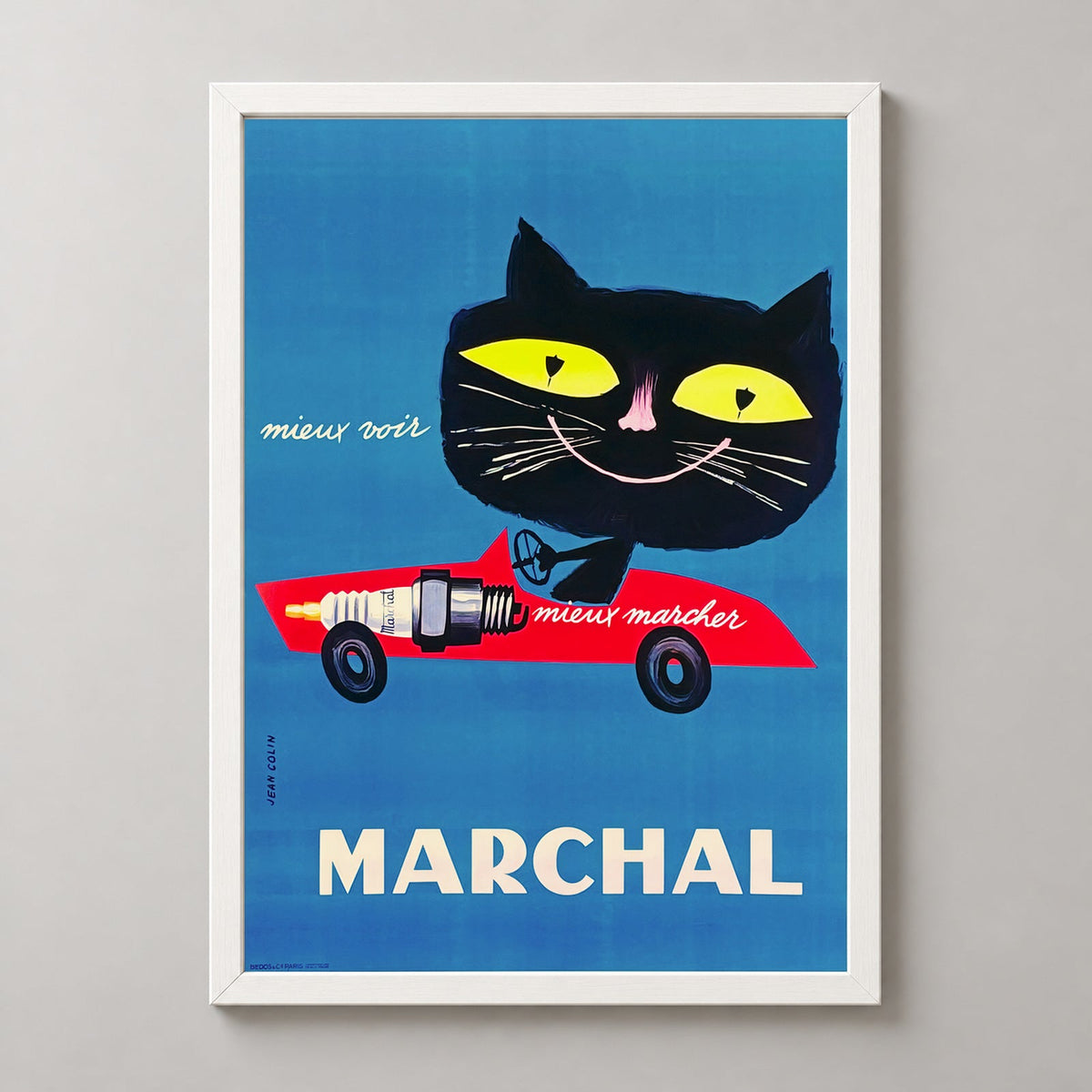 Marchal Cat Spark Plug Vintage Advertising Poster by Jean Colin — realistic white frame studio view