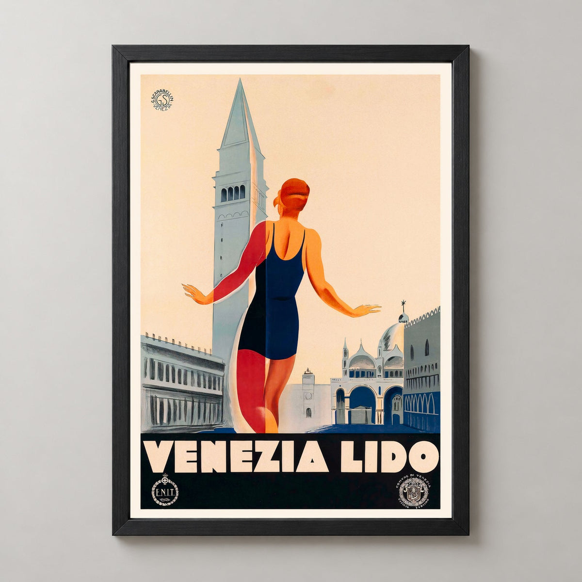 Venezia Lido Italy Vintage Travel Poster - Framed/Unframed — realistic black frame studio view