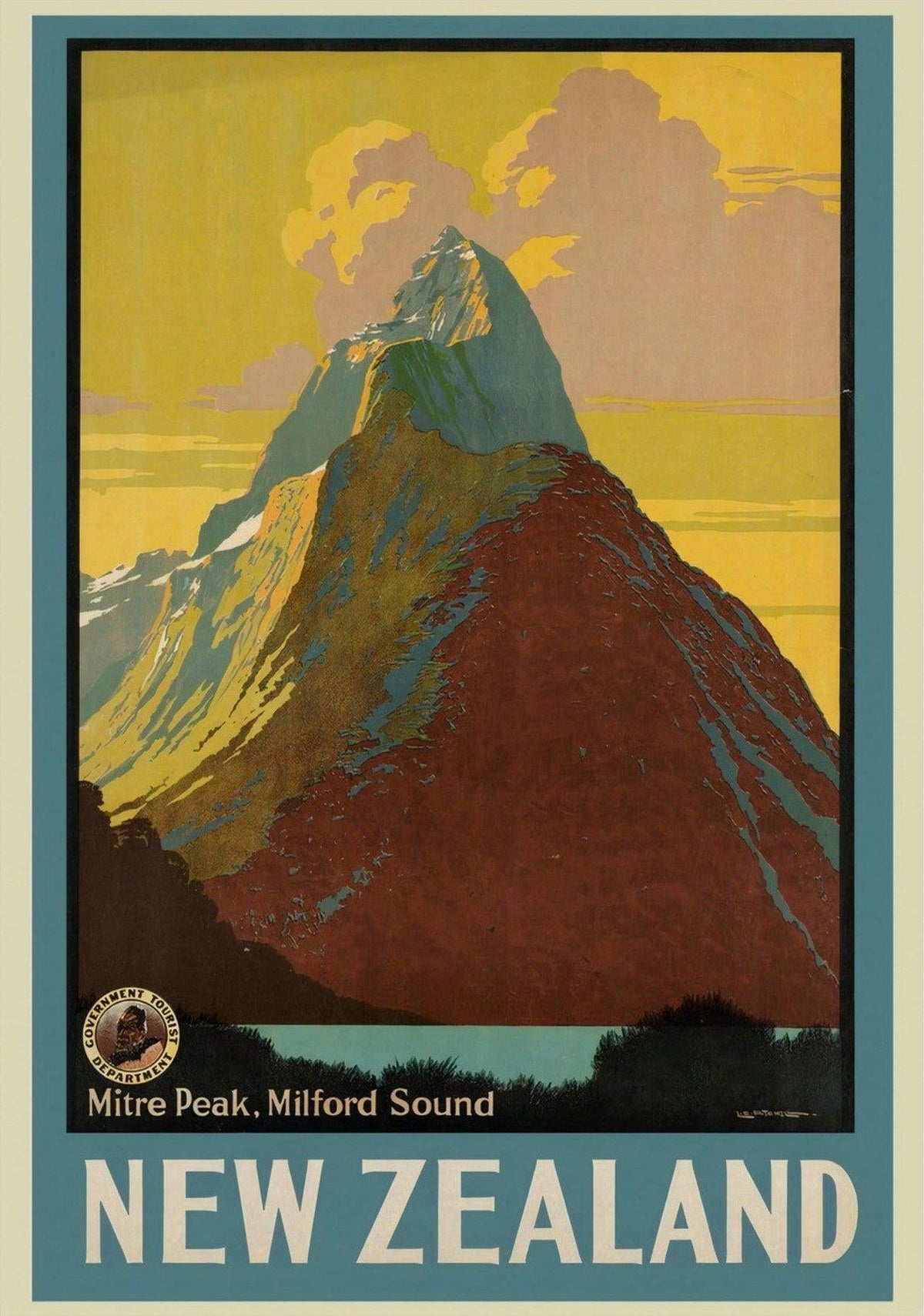 Milford Sound Vintage Travel Poster — poster only, complete unframed artwork