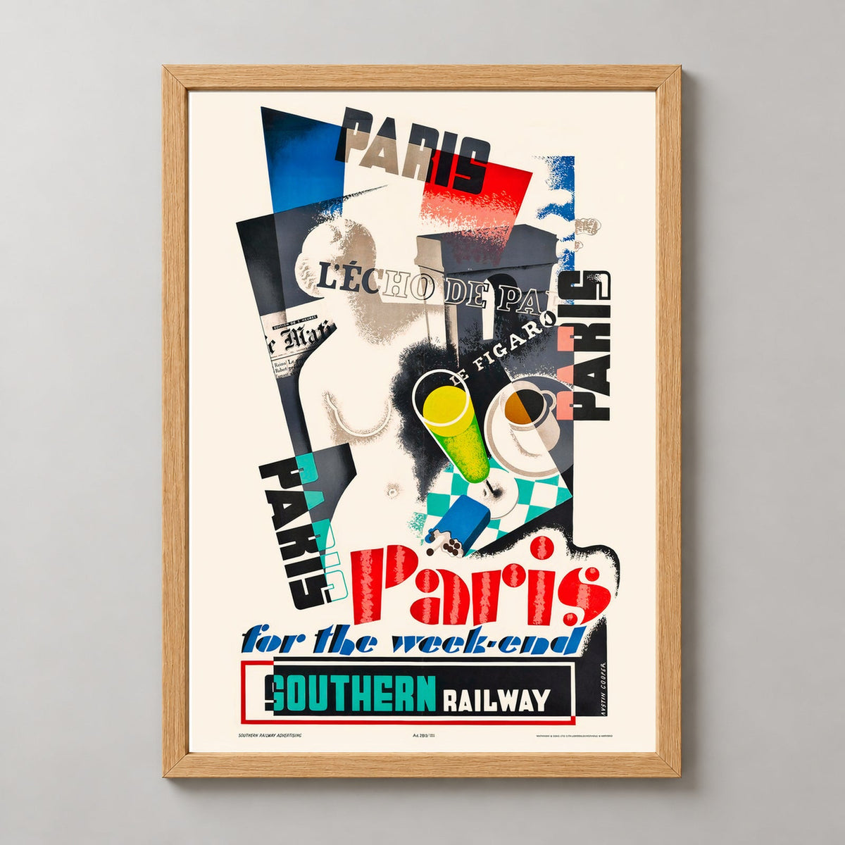Paris For the Weekend Southern Railway Vintage Travel Poster — realistic natural wood frame studio view