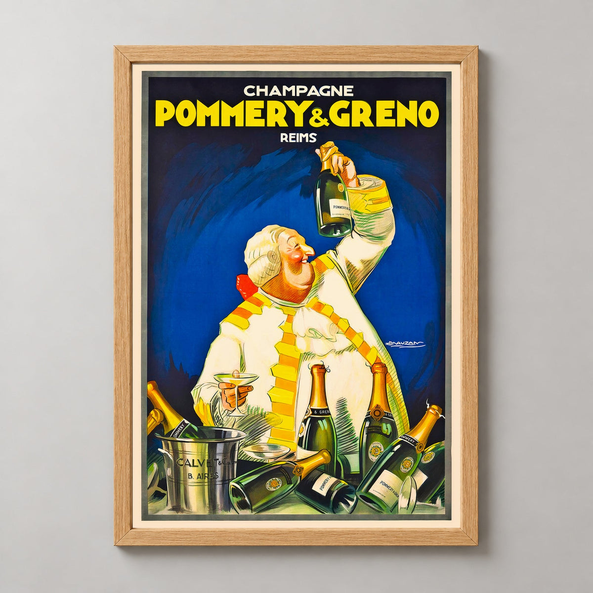 Champagne Pommery and Greno Reims Vintage Champagne Advertising Poster — realistic natural wood frame studio view
