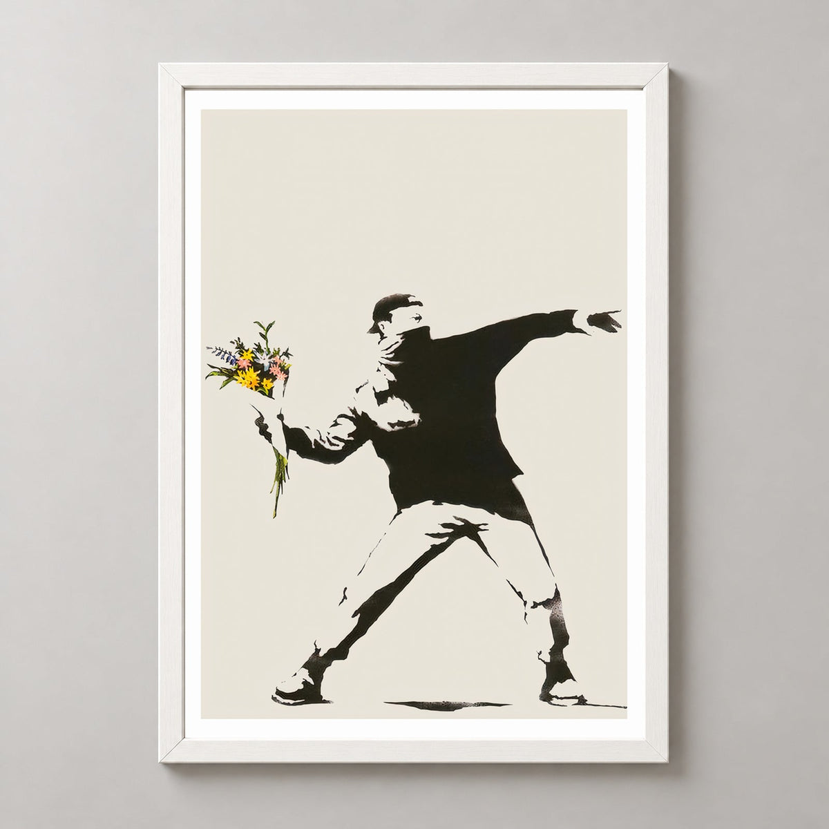 Banksy Love is in the Air (Flower Thrower), 2003 — realistic white frame studio view