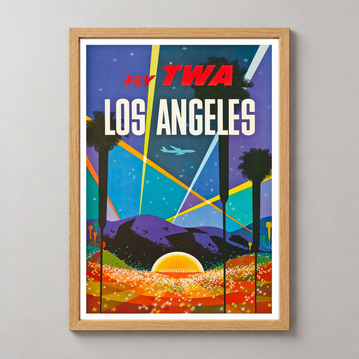 Los Angeles United States Airline Vintage Travel Poster — realistic natural wood frame studio view