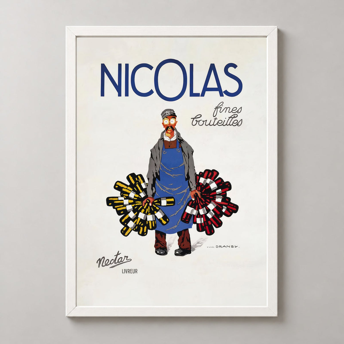 Nicolas Fine Bottles poster by Jules Isnard Dransy (1930) - French Vintage Poster — realistic white frame studio view