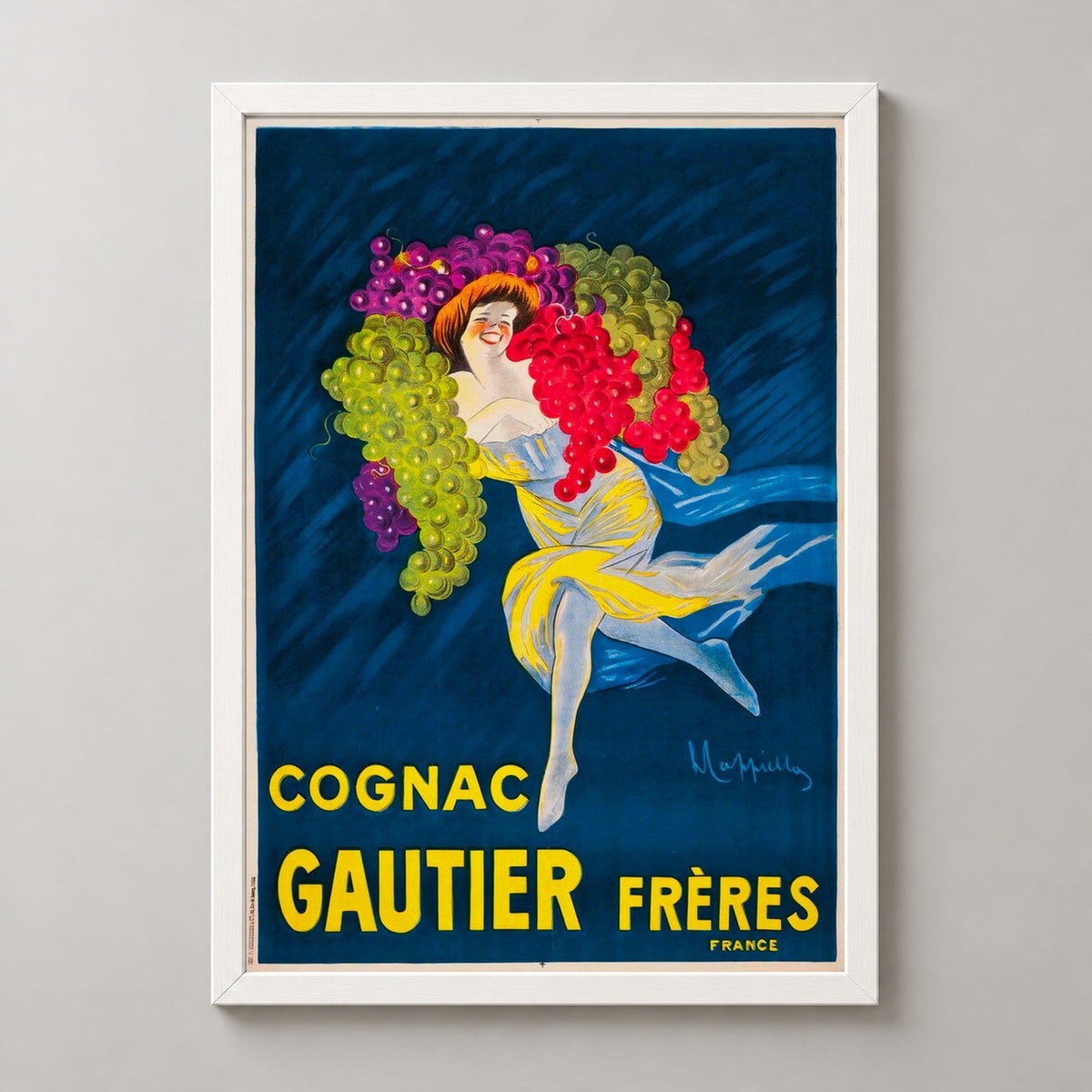 French Cognac Gautier Vintage Advertising Poster - Elegant and Nostalgic Décor — realistic white frame studio view