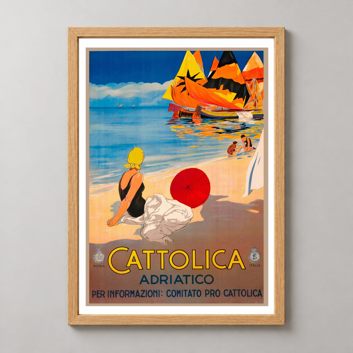 Italian Vintage Travel Poster - Cattolica Rimini, Italy — realistic natural wood frame studio view
