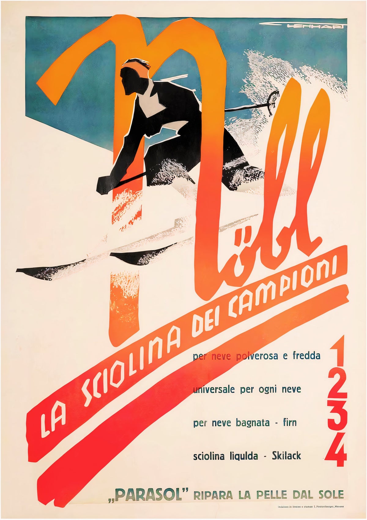 Nobl School of Champions Italy Vintage Ski Poster - Framed/Unframed — poster only, complete unframed artwork