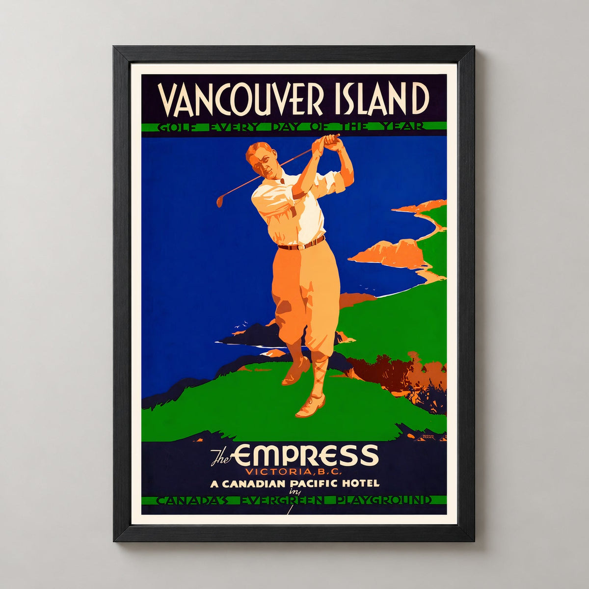 Vancouver Island Golf Every Day Vintage Travel Poster — realistic black frame studio view
