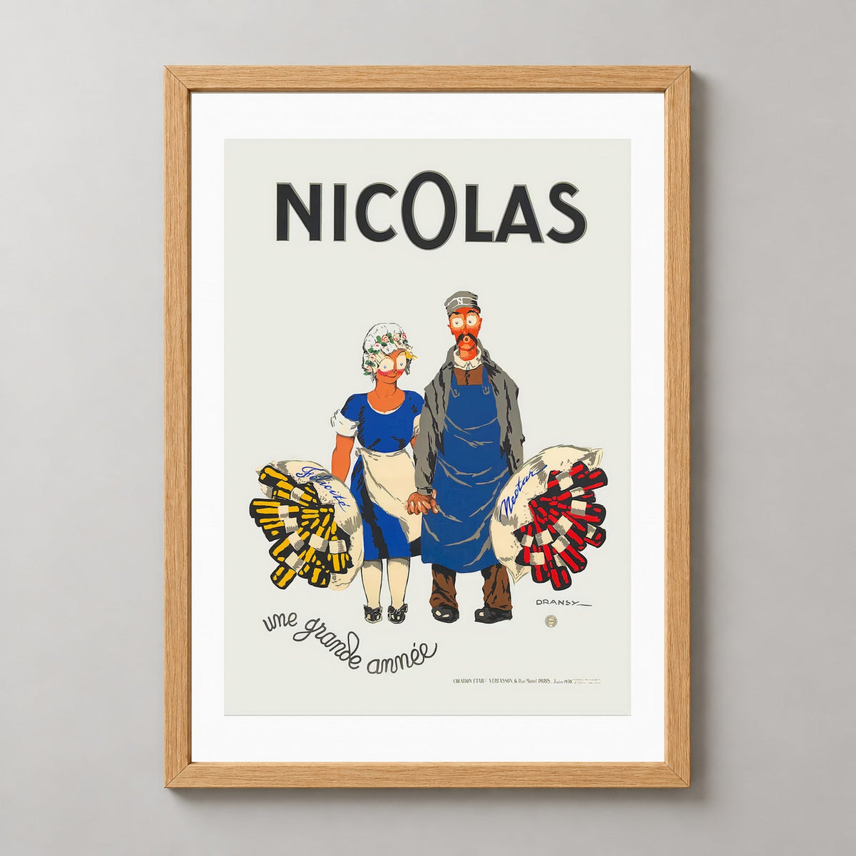 Nicolas Fine Bottles (1930) | French Vintage Poster | High-Quality Craftsmanship — realistic natural wood frame studio view
