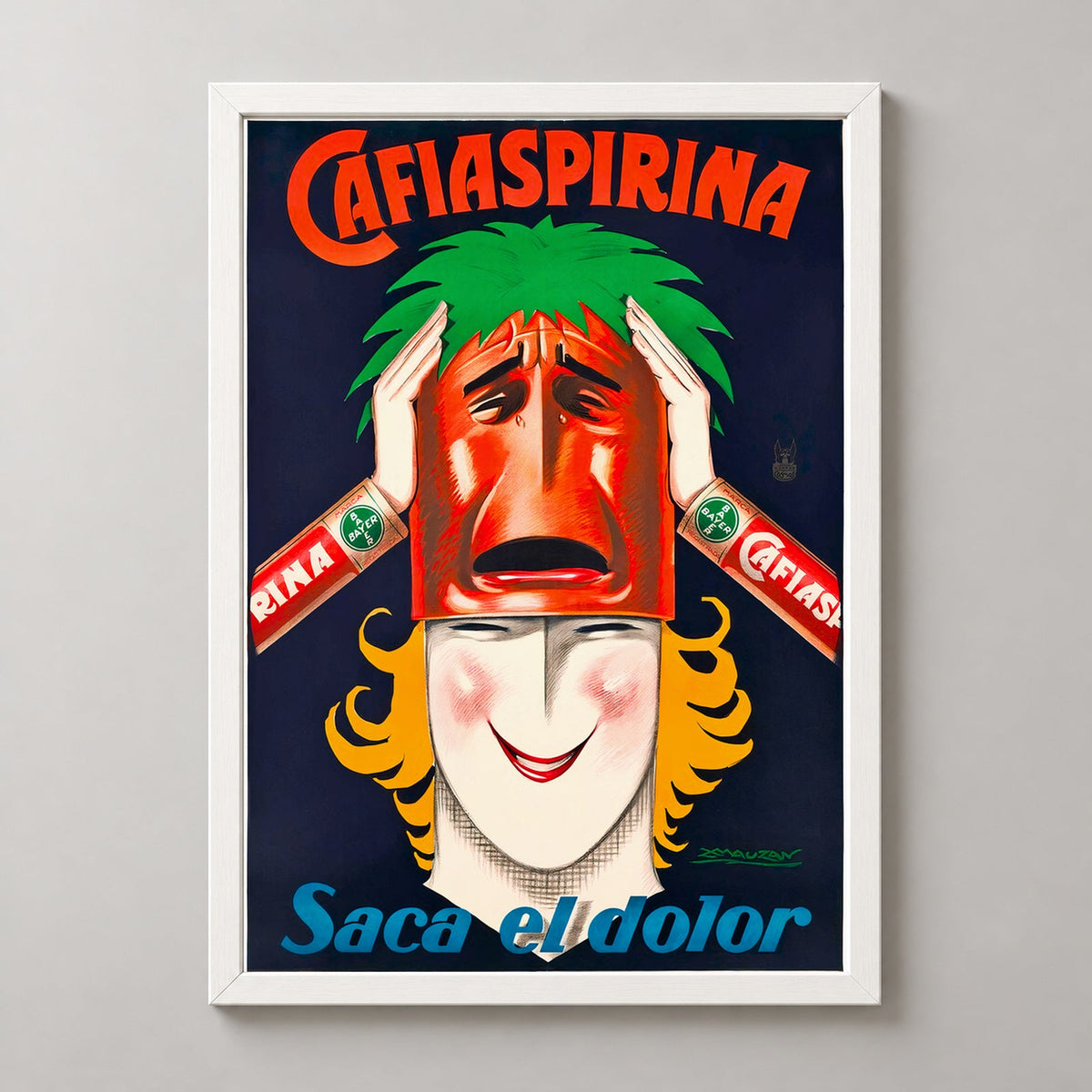 Cafiaspirina Saca el Dolor Vintage Advertising Poster — realistic white frame studio view