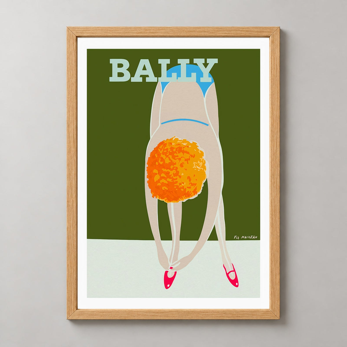 Bally Shoes Vintage Advertising Poster 1980 | Pierre Fix-Masseau — realistic natural wood frame studio view