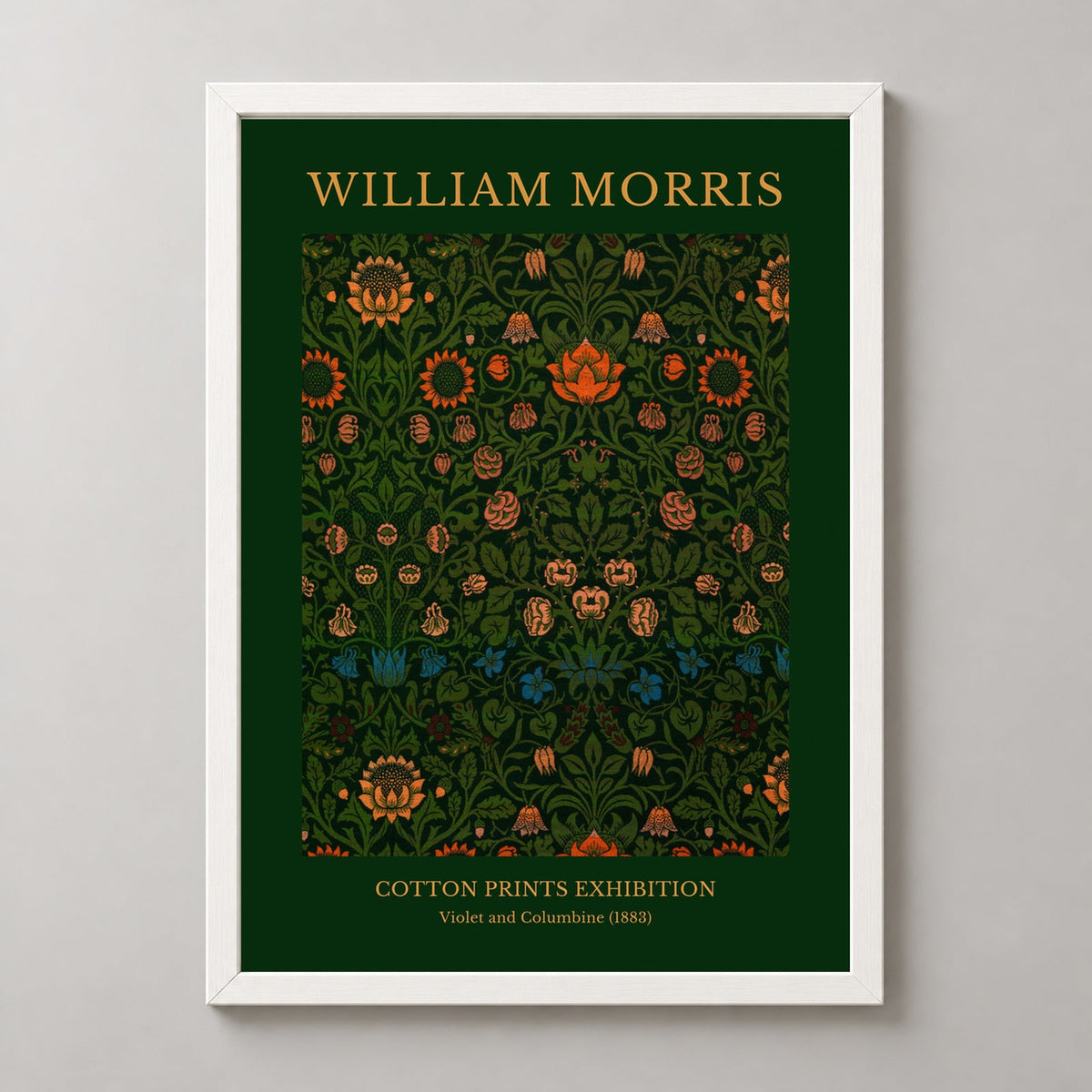 William Morris - Cotton Prints Exhibition, Violet and Columbine (1883) — realistic white frame studio view