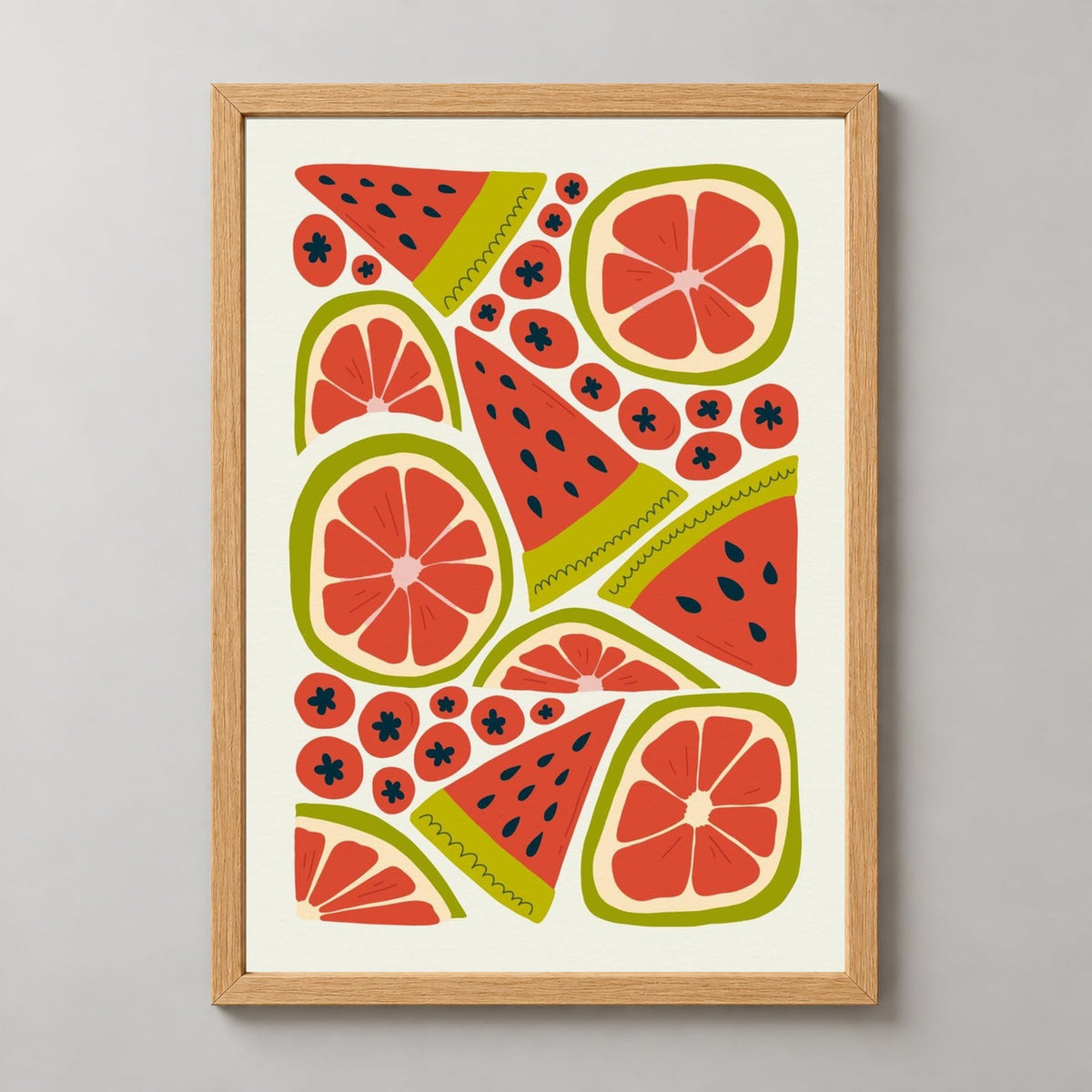 Red Fruits Print  | Abstract Fruit Collection | Kitchen wall art — realistic natural wood frame studio view