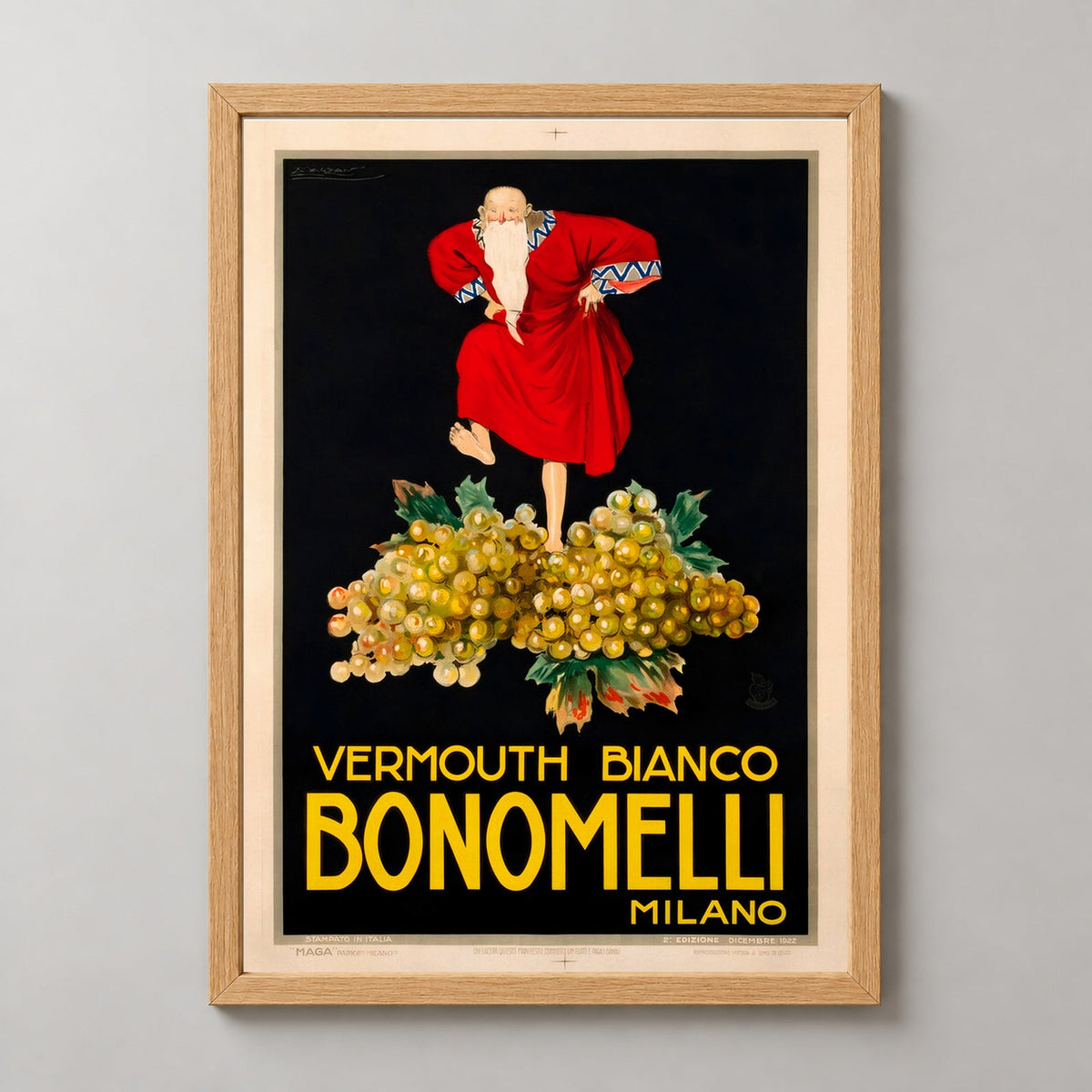Vermouth Bianco Bonomelli Milano Vintage Advertising Poster — realistic natural wood frame studio view