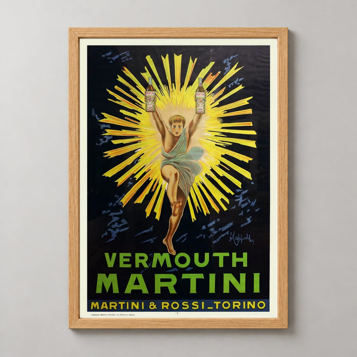 Vermouth Martini Rossi Torino Vintage Advertising Poster — realistic natural wood frame studio view