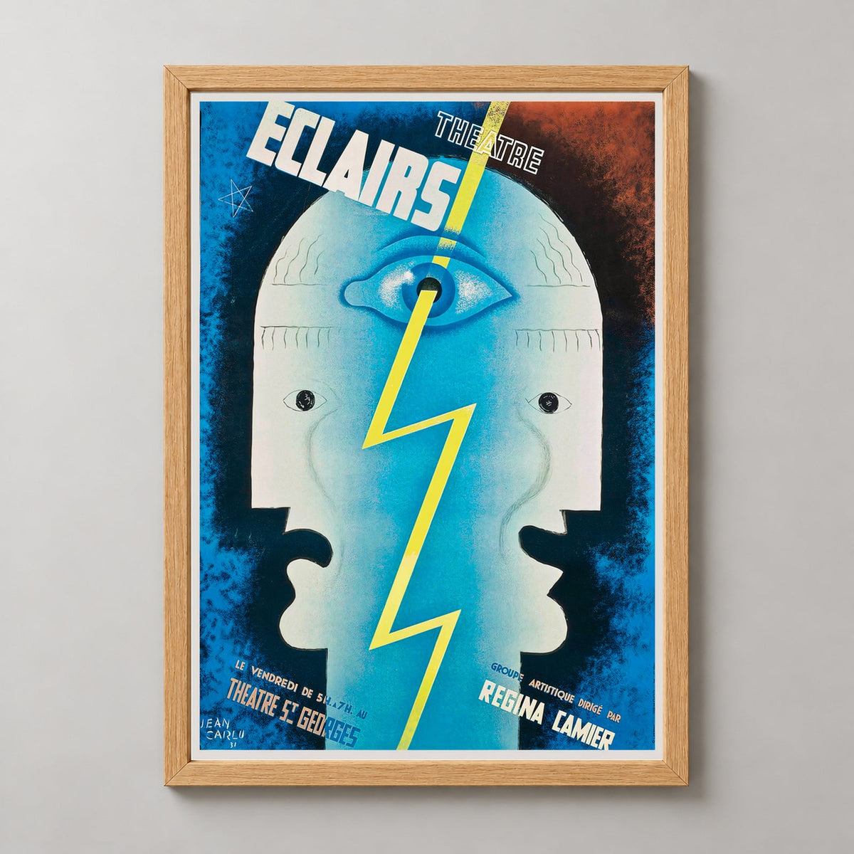 Theatre Eclairs 1929 Vintage Advertising Poster by Jean Carlu — realistic natural wood frame studio view