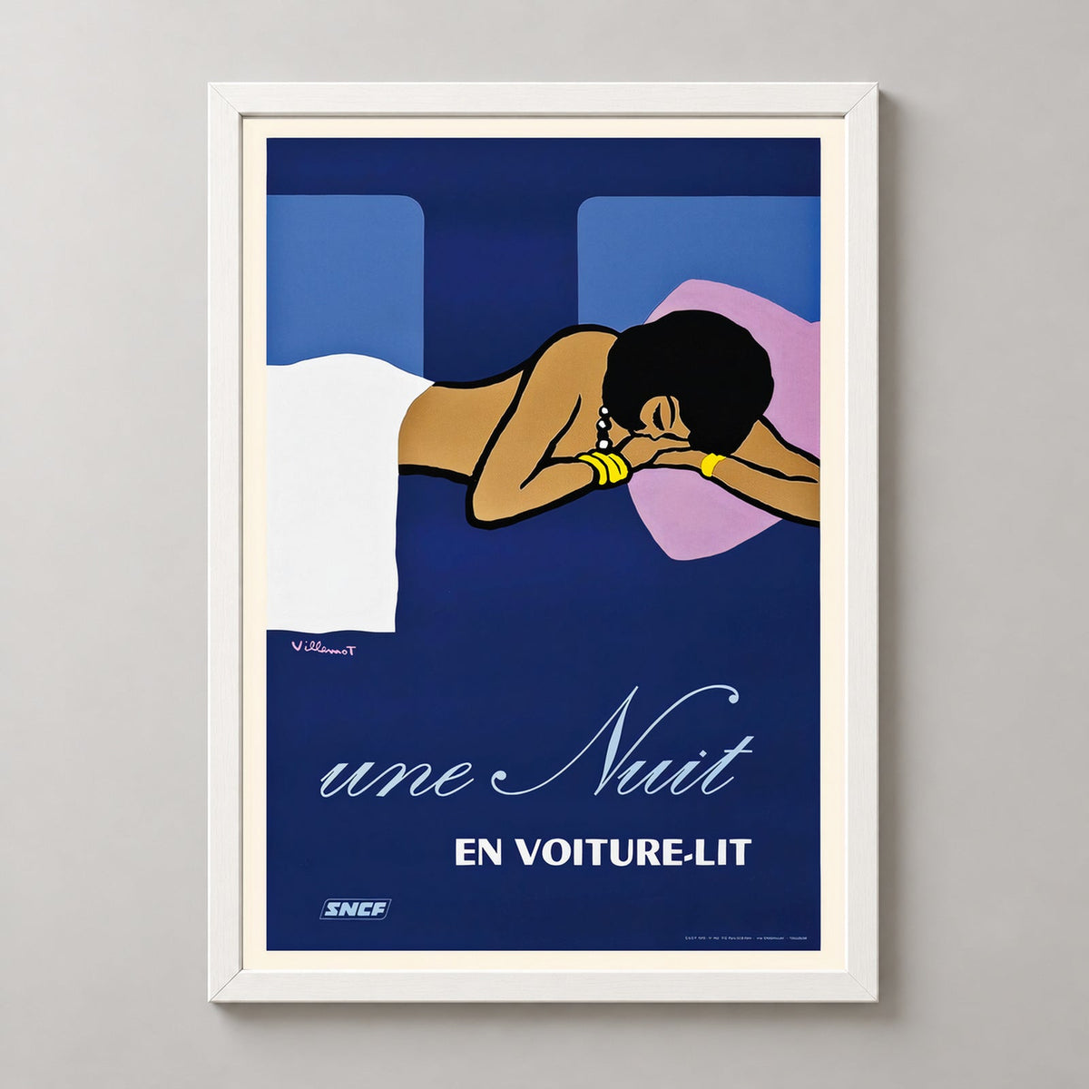 Vintage French National Railways Sleeper Car Train Travel Poster — realistic white frame studio view