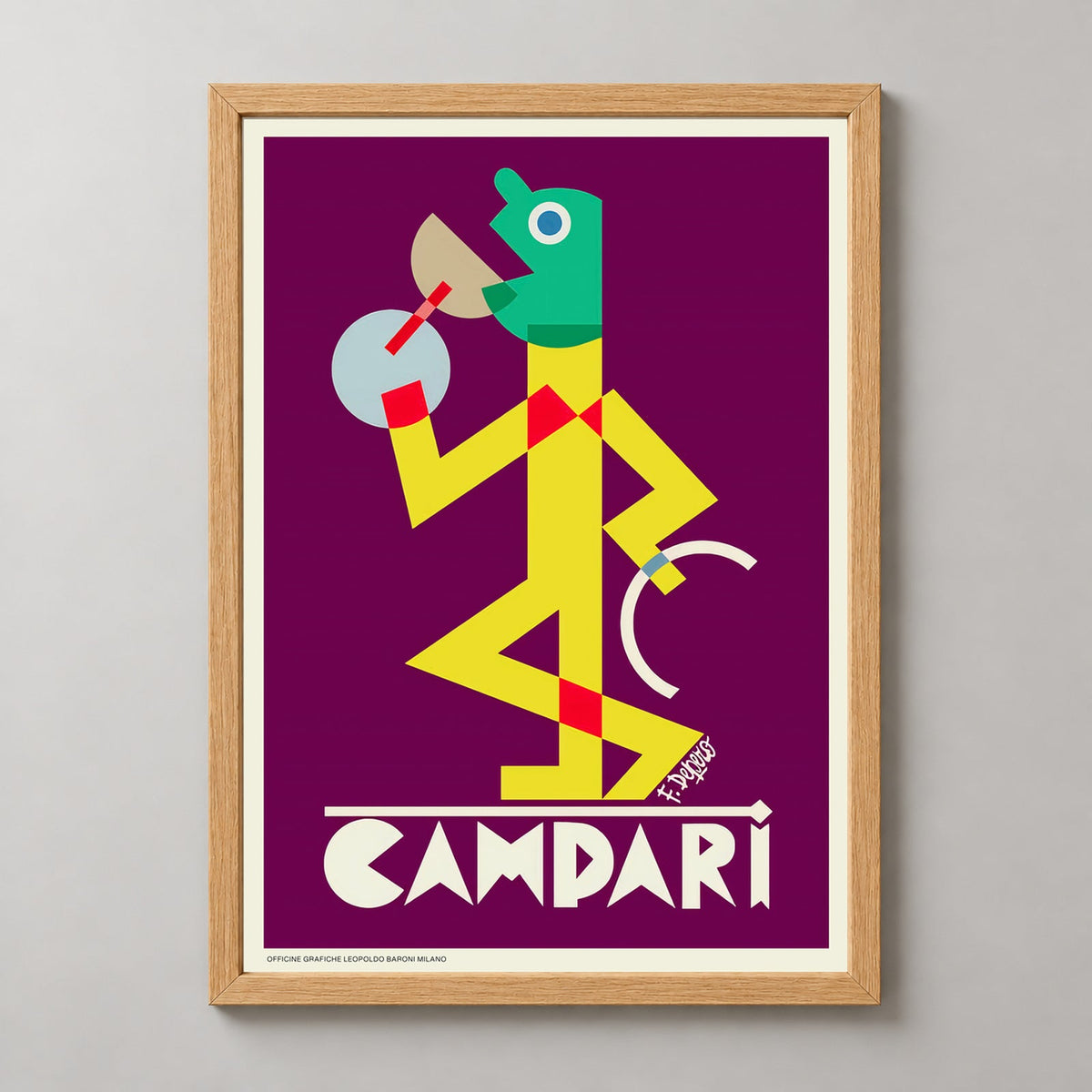 Campari Viola by Fortunato Depero (1928) Vintage Advertising Poster — realistic natural wood frame studio view