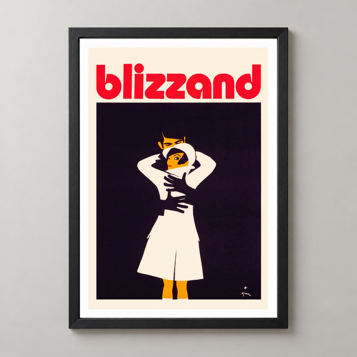 Blizzand Embrace Vintage Advertising Poster - Vibrant Retro Art Print — realistic black frame studio view