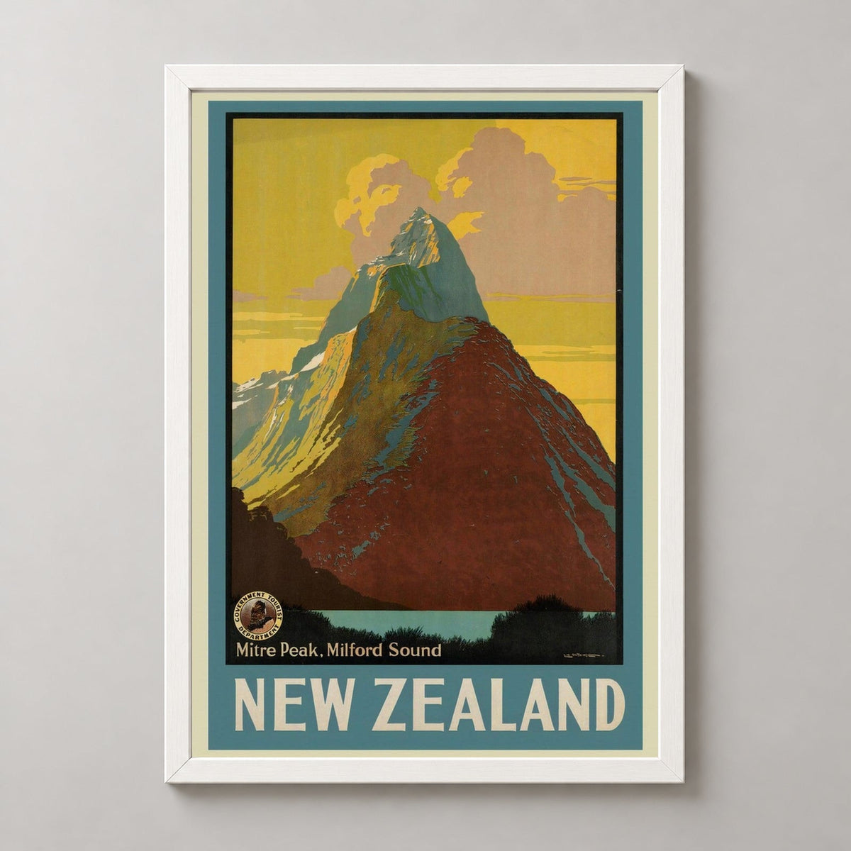 Milford Sound Vintage Travel Poster — realistic white frame studio view