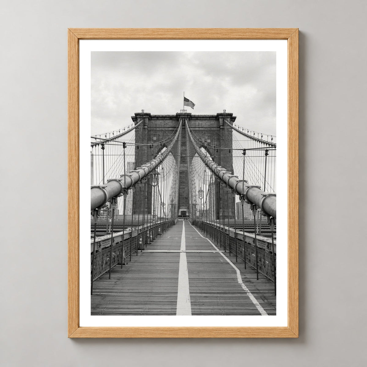 Brooklyn Bridge Black and White - Fine Art Photography — realistic natural wood frame studio view with white border