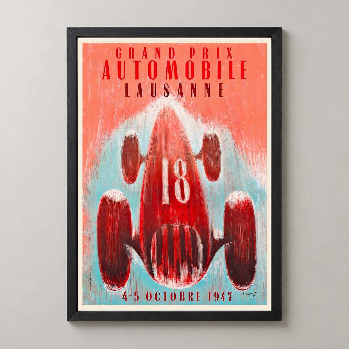 Grand Prix Automobile Lausanne 1947 Vintage Racing Poster — realistic black frame studio view