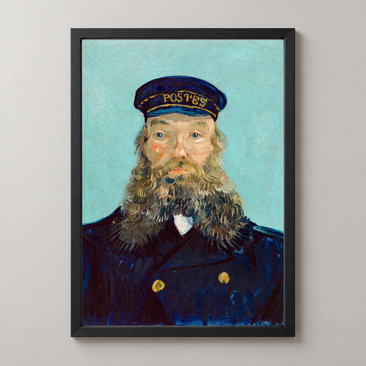 Van Gogh's Portrait of a Postman - Iconic Post-Impressionist Art Print — realistic black frame studio view