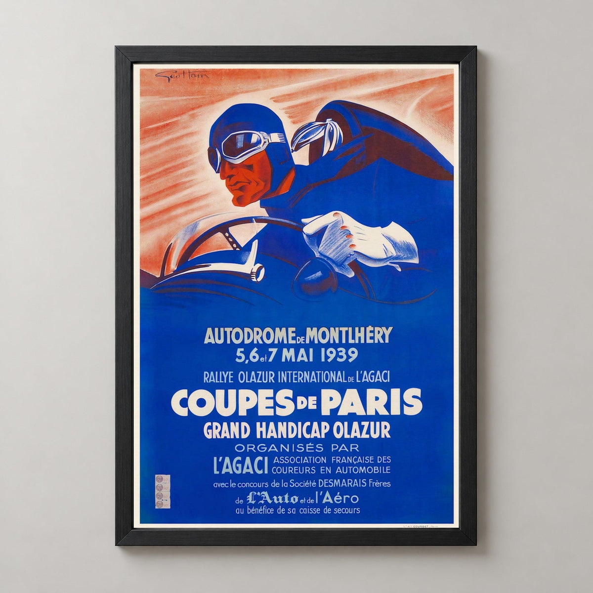 Autodrome of Montlhery France Automobile Rally Olazar 1939 Vintage Racing Poster — realistic black frame studio view