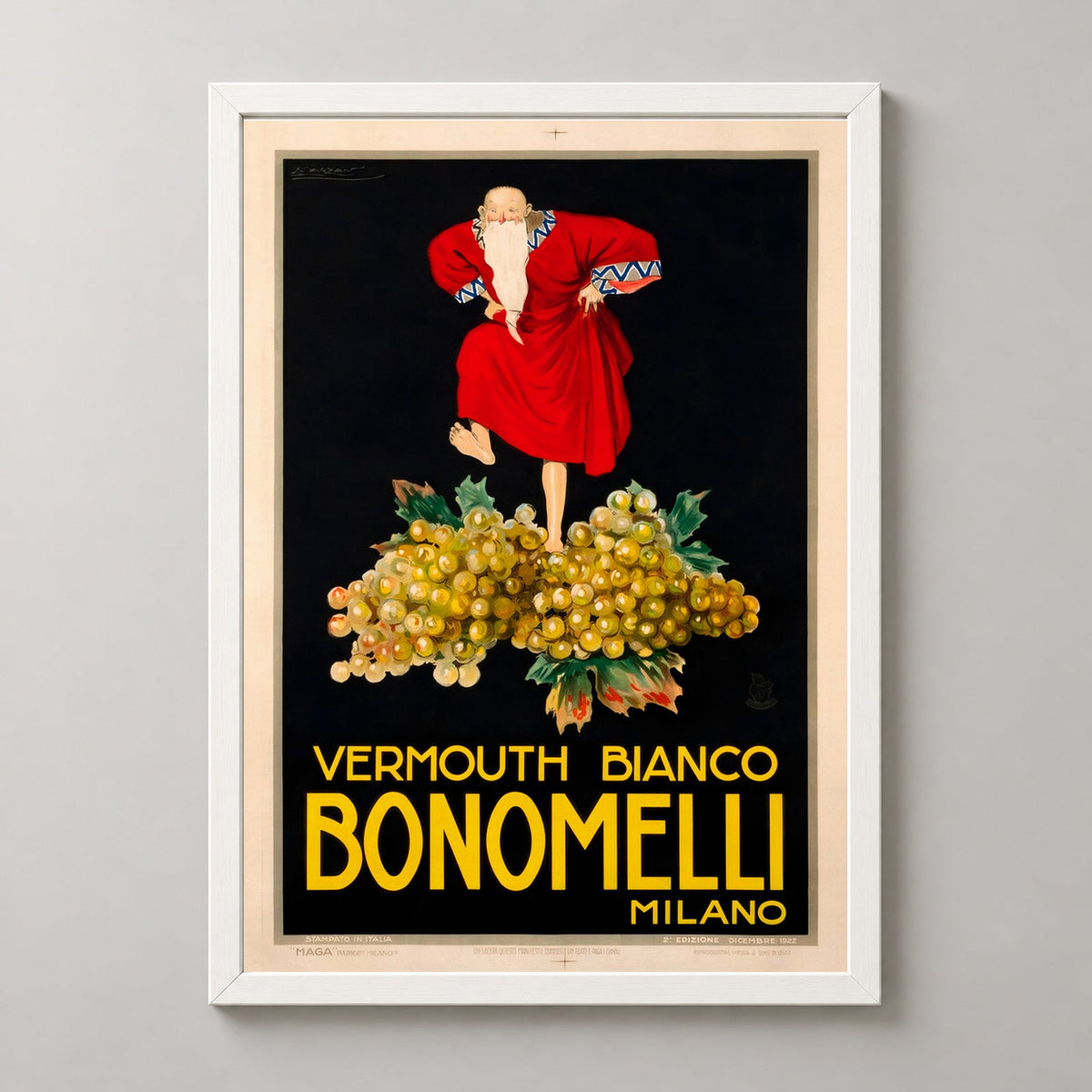 Vermouth Bianco Bonomelli Milano Vintage Advertising Poster — realistic white frame studio view