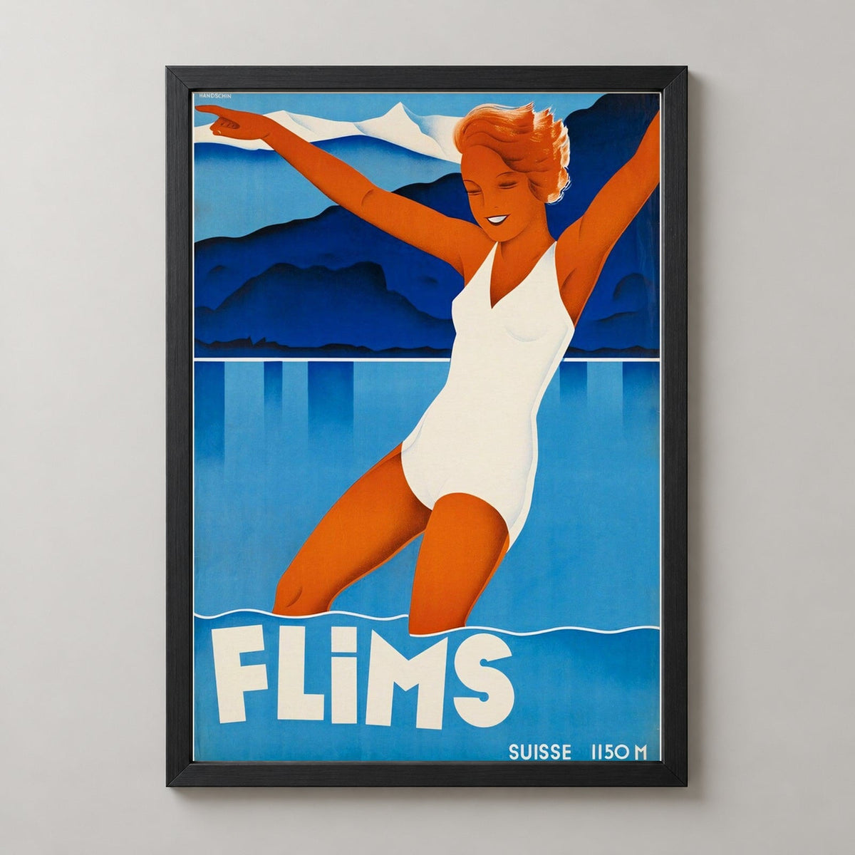 Switzerland Flims European Travel Vintage Travel Poster — realistic black frame studio view