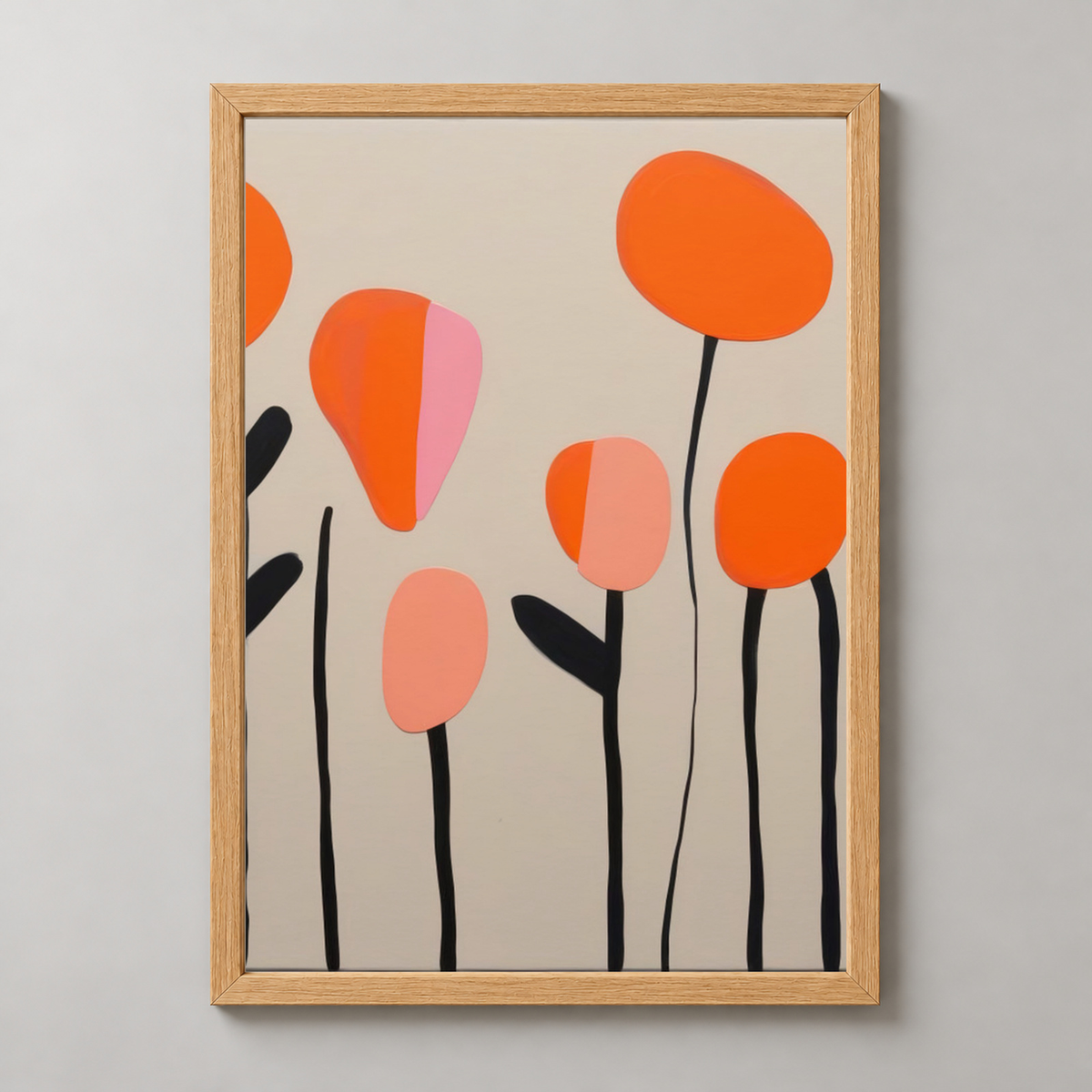Modern Floral Abstract Art Print - Bright Blossoms — realistic natural wood frame studio view