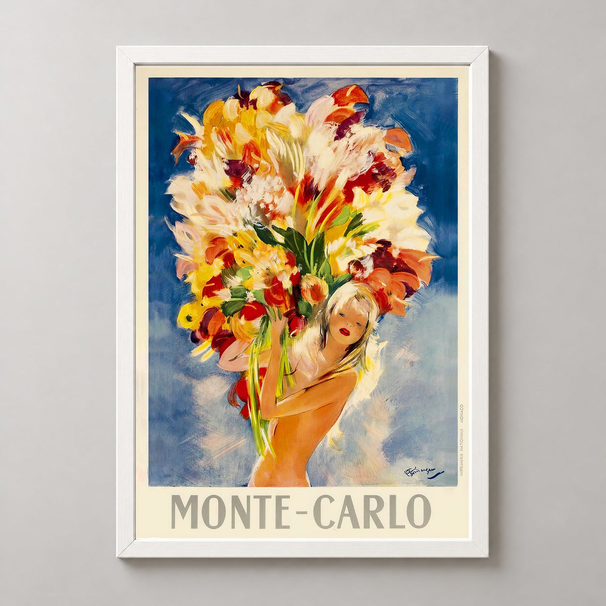 Monte Carlo Bouquet of Flowers Vintage Travel Poster — realistic white frame studio view