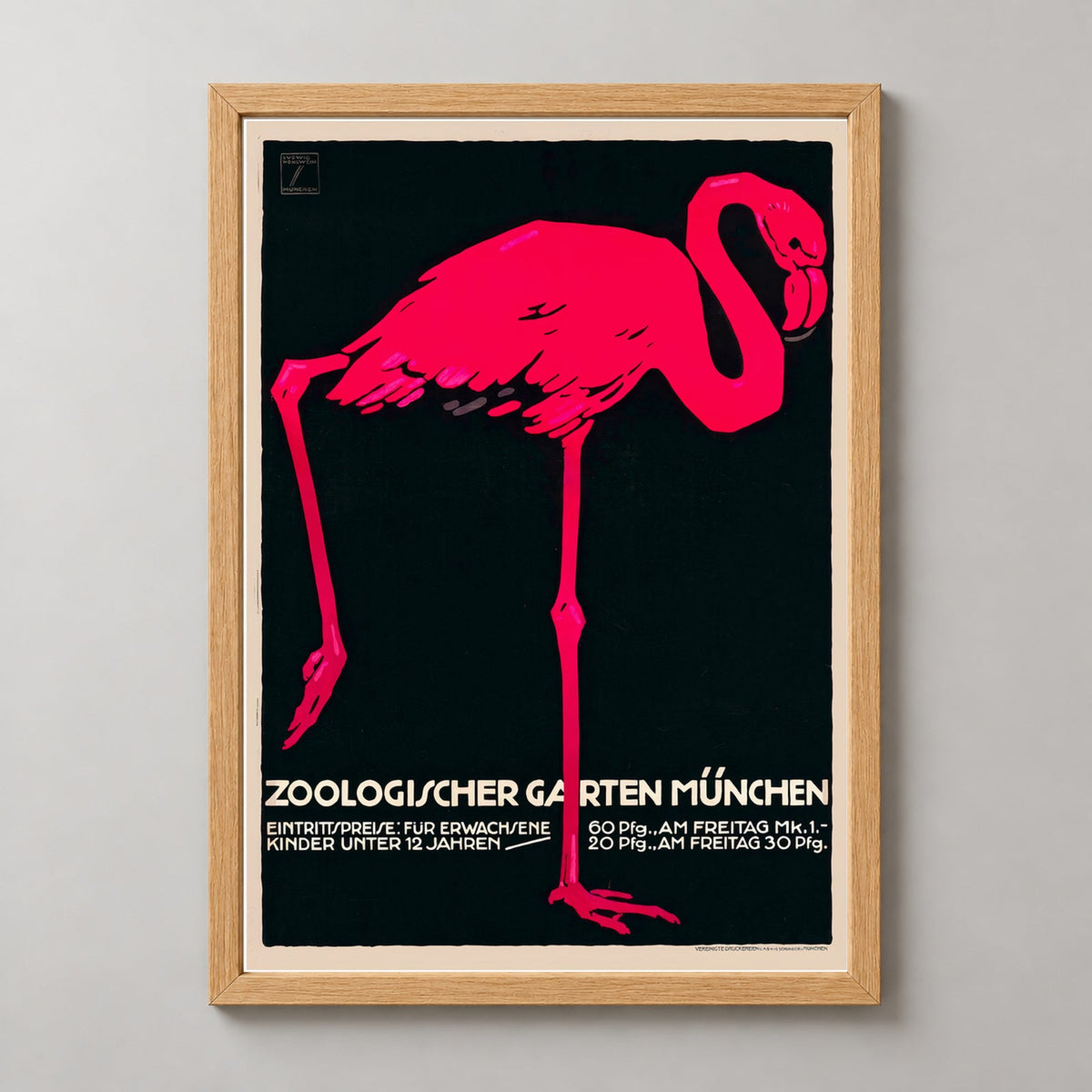 Munich Zoo Pink Flamingo Vintage Poster by Ludwig Holhwein — realistic natural wood frame studio view