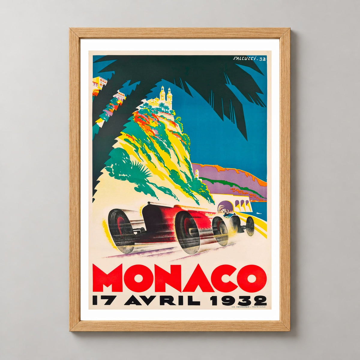 Monaco Grand Prix Racing F1 1932 Vintage Racing Poster — realistic natural wood frame studio view