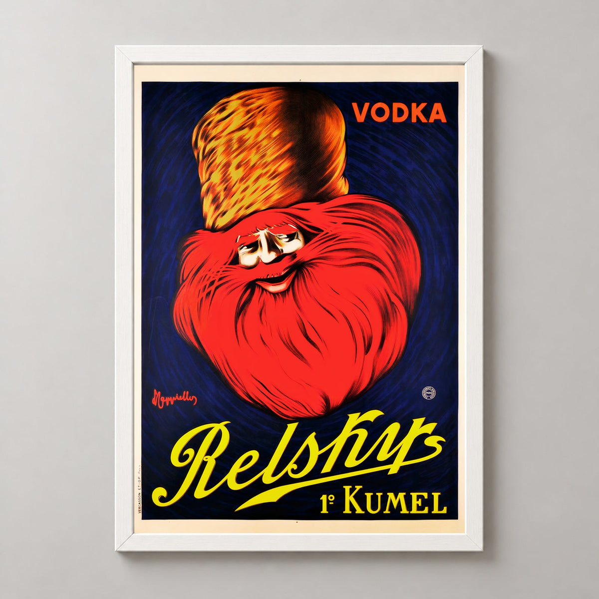 Vodka Relshirs Kumel Vintage Alcohol Advertising Poster — realistic white frame studio view