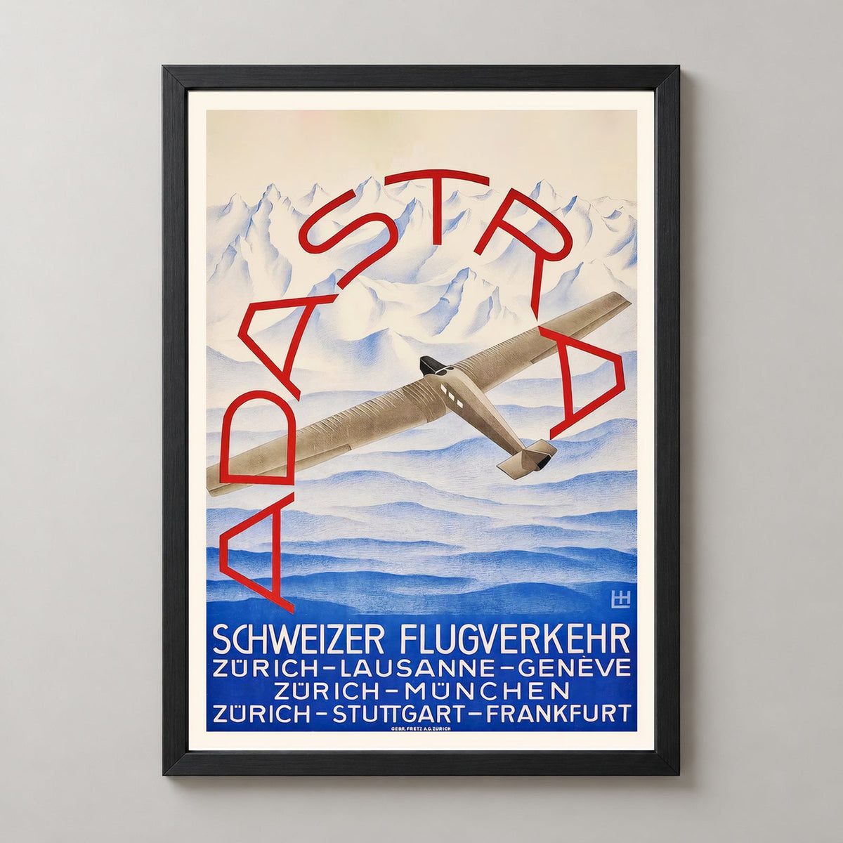Ad Astra Aero Airline Traffic Zurich Lausanne Geneve Switzerland - Vintage Travel Poster — realistic black frame studio view