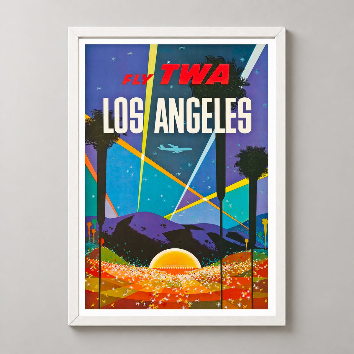 Los Angeles United States Airline Vintage Travel Poster — realistic white frame studio view