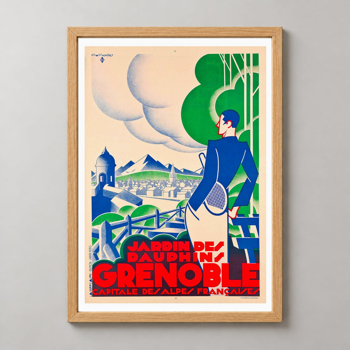 Grenoble Capital of the French Alps Vintage Travel Poster — realistic natural wood frame studio view