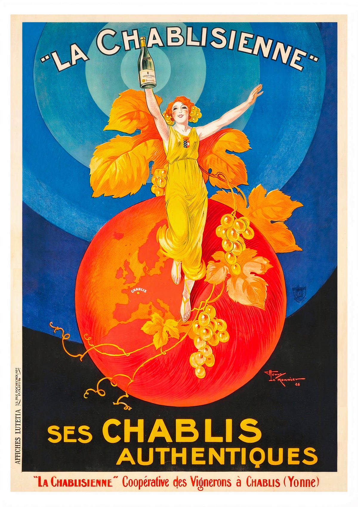 La Chablisienne Ses Chablis Authentiques - French Wine Vintage Poster — poster only, complete unframed artwork