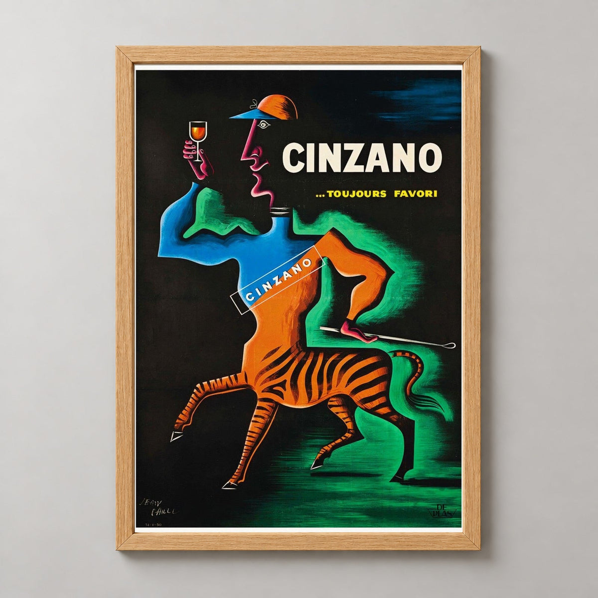 Cinzano Toujours Favori, 1950 - Vintage Alcohol Poster — realistic natural wood frame studio view