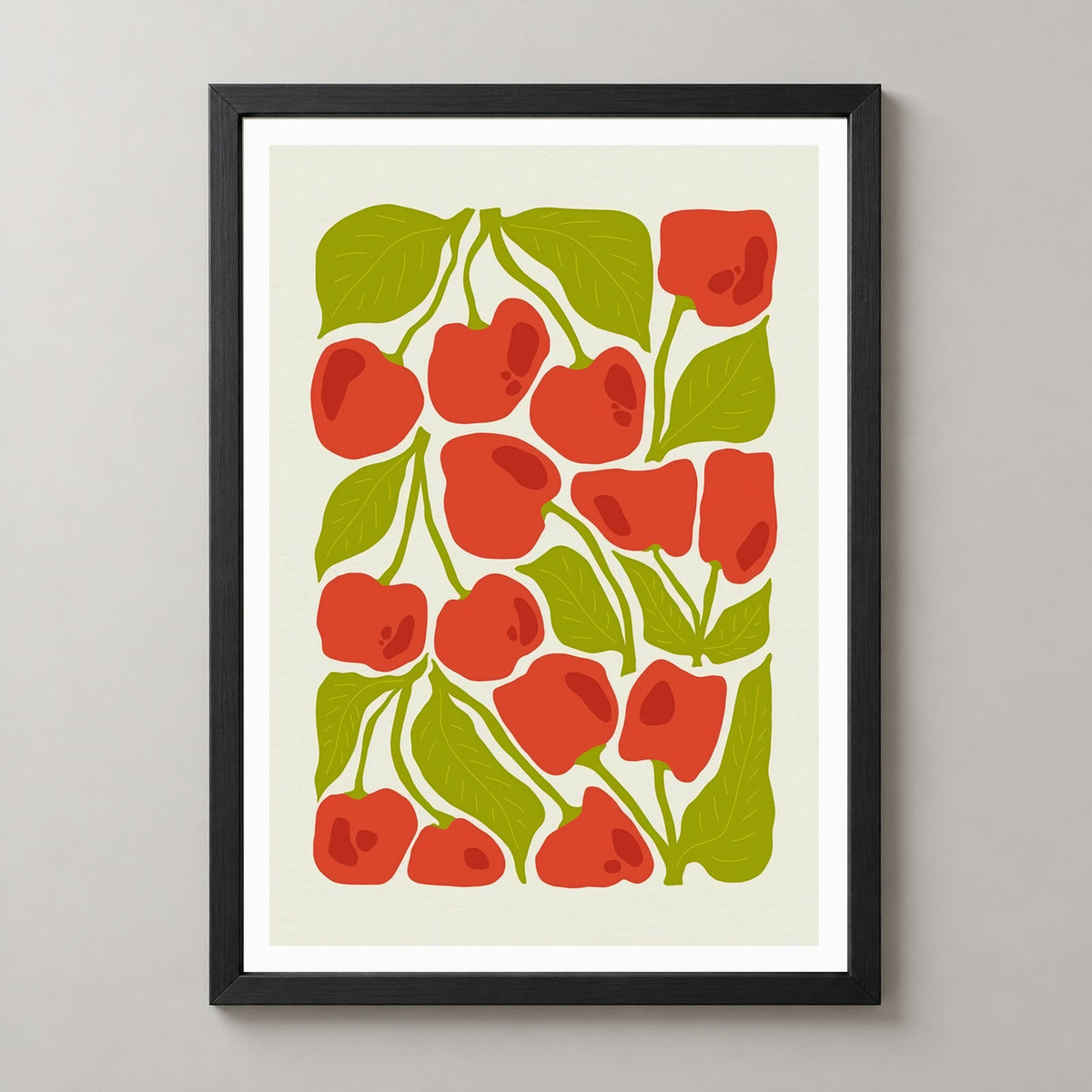 Cherry Print  | Abstract Fruit Collection | Kitchen wall art — realistic black frame studio view