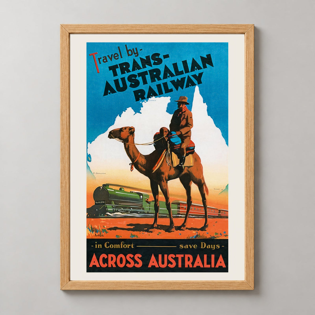 Trans Australian Railway | Outback Australia Vintage Poster — realistic natural wood frame studio view