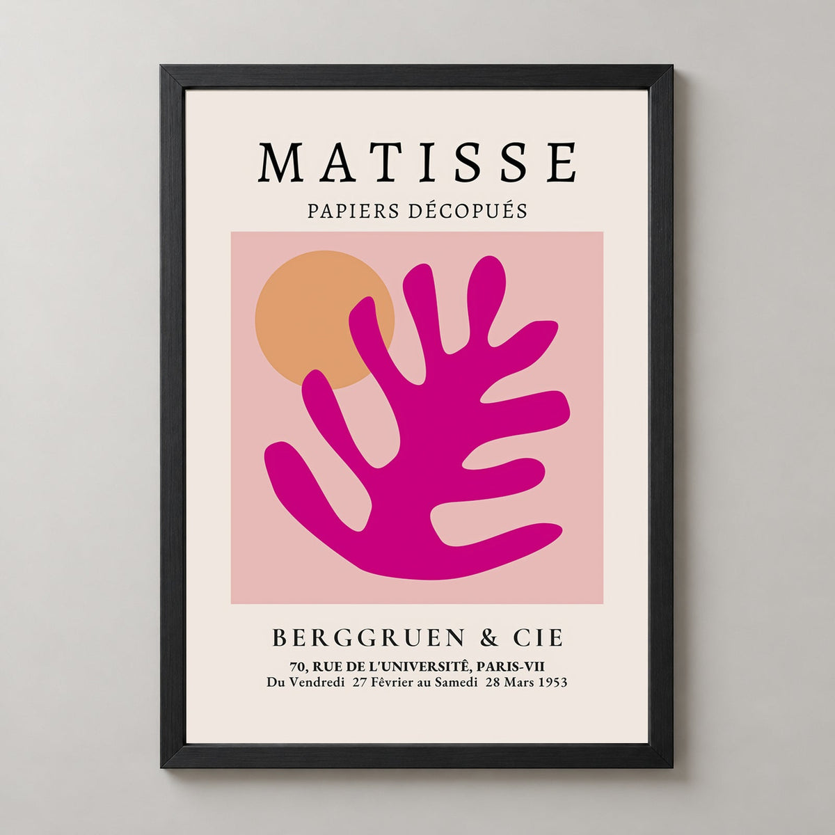 Henri Matisse Exhibition Print, Galerie Berggruen & Cie (Pink Foliage) — realistic black frame studio view