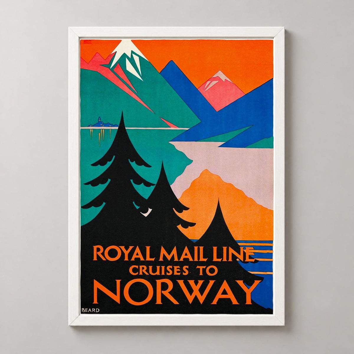 Royal Mail Line Cruise to Norway Vintage Travel Poster — realistic white frame studio view