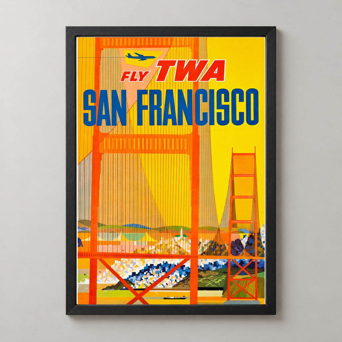 San Francisco United States Airline Vintage Travel Poster — realistic black frame studio view